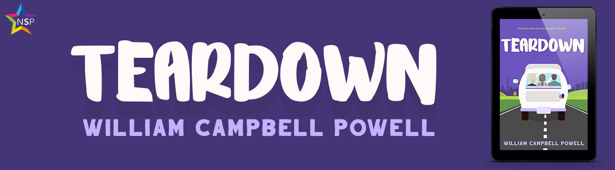Teardown logo in white on purple background, with a tablet  displaying the book cover at the right.